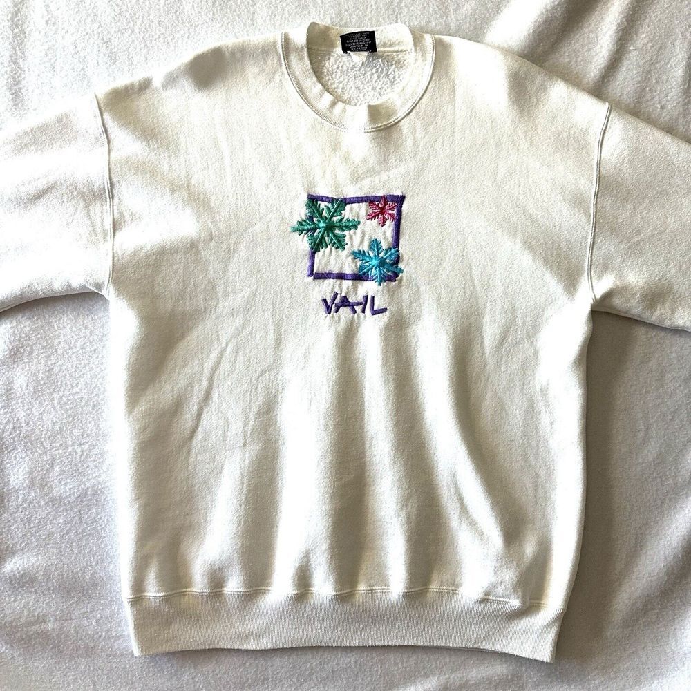 Vail Sweatshirt Women XL‎ Vintage 90s White Crewneck 1991 Snowflake Embroidered - Picture 7 of 11